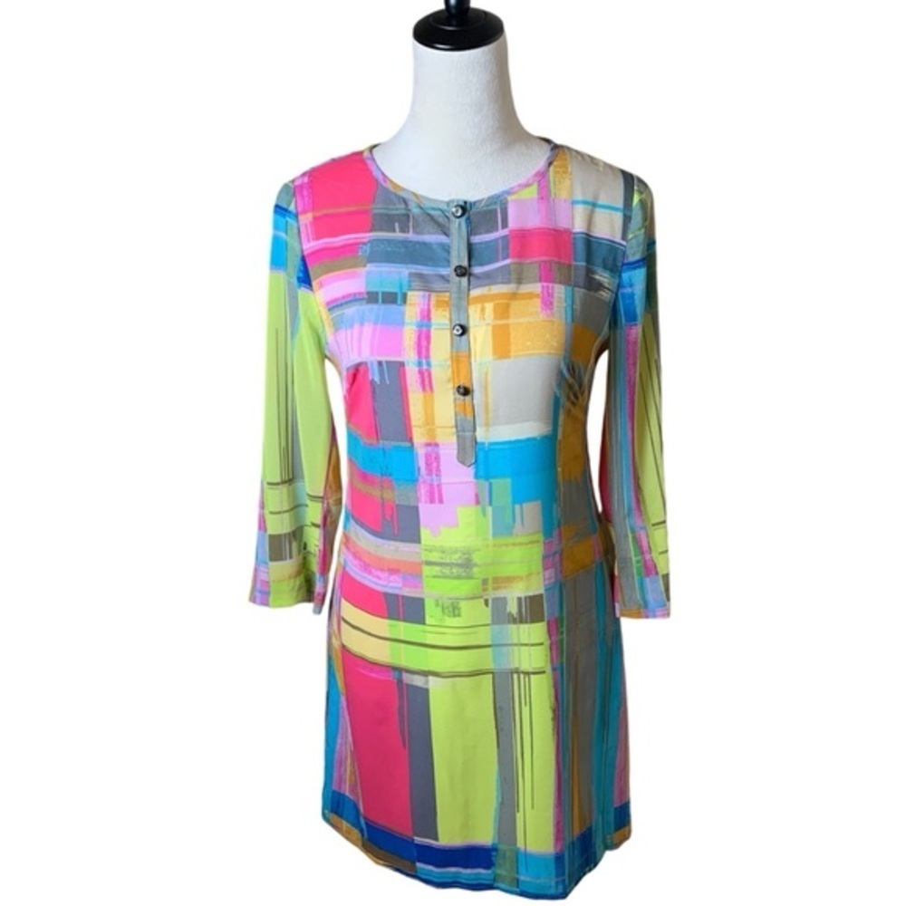 Trina Turk Silk Shift‎ Dress Multicolor Abstract Print 3/4 Sleeve | Resort Party